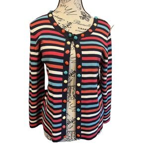 Ruby Rd Petite Medium‎ Striped Cardigan Sweater Beaded Buttons Resort Vacation